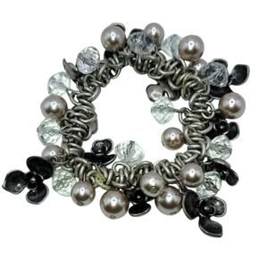 Chicos Vintage Silver Tone Rhinestone Clover Chunky Stretch Charm Bracelet